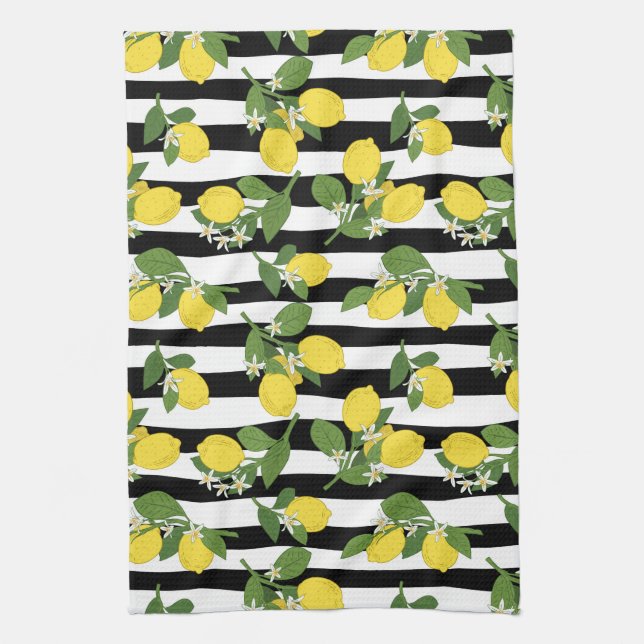 Lovely Lemons and Blossoms on Stripes Kitchen Towel (Vertical)