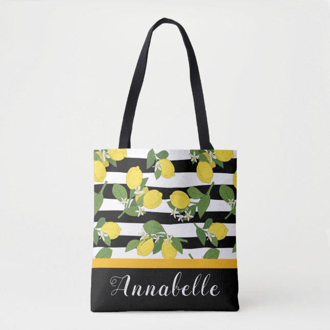 Lovely Lemons and Blossoms on Stripes Personalize Tote Bag (Front)