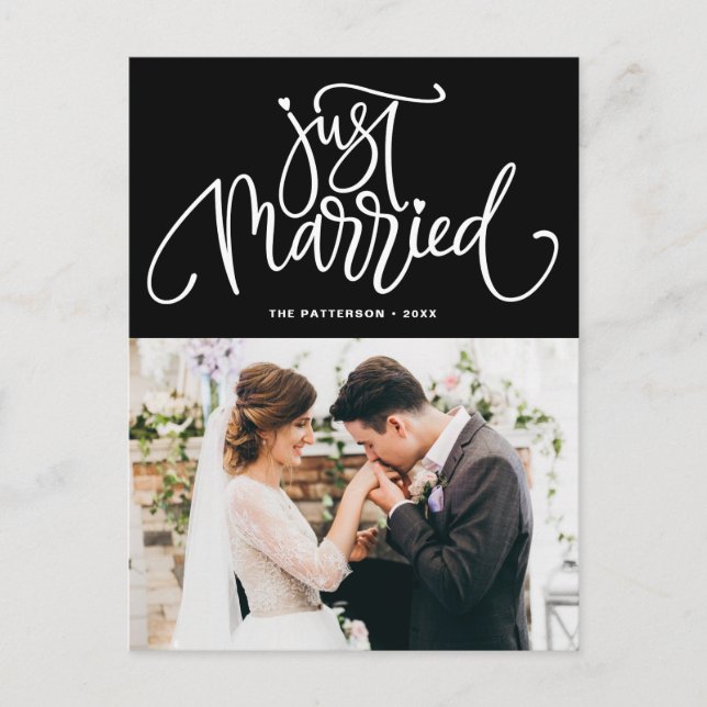 Lovely Lettering Black Just Married Photo Wedding Announcement Postcard (Front)