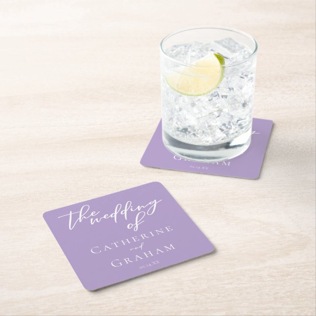 Lovely Lilac Purple White Personalized Wedding Square Paper Coaster (Insitu)