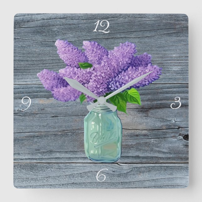 Lovely Lilacs  In Rustic Mason Jar Square Wall Clock (Front)