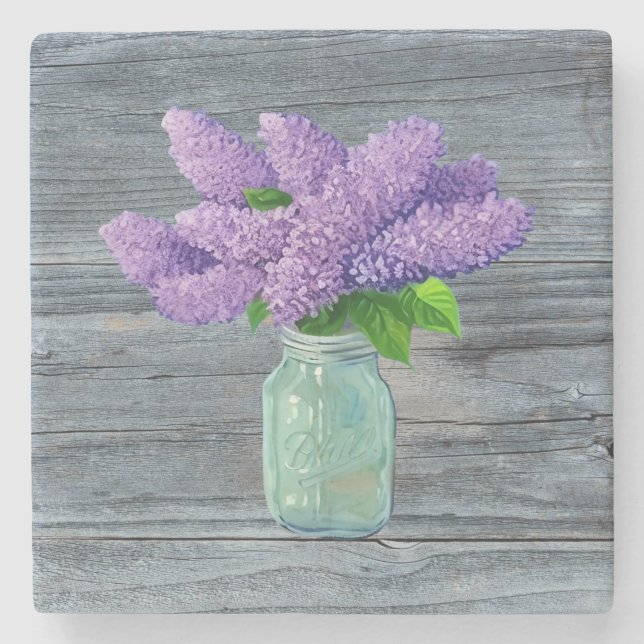 Lovely Lilacs  In Rustic Mason Jar Stone Coaster (Front)