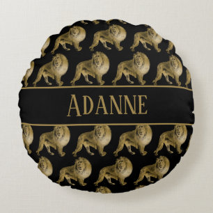 Lovely Lions Gold and Black Print Round Pillow