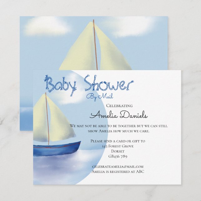 Lovely Little Blue Sail Boat Baby Shower by Mail Invitation (Front/Back)