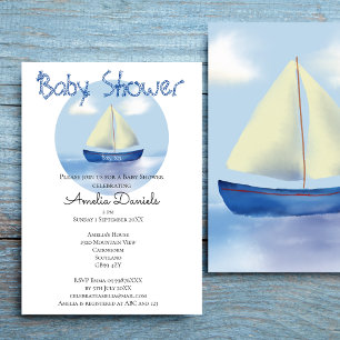 Lovely Little Blue Sail Boat Boys Baby Shower Invitation