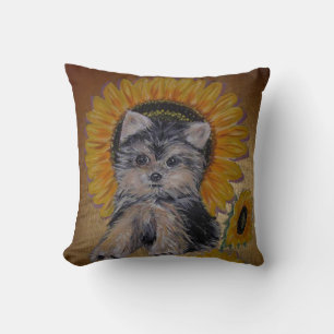Lovely Little Dog and Sunflowers Throw Pillow