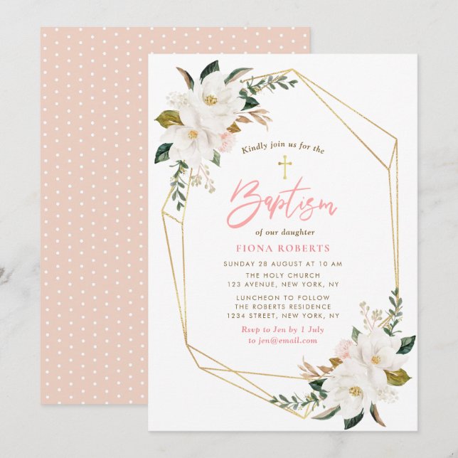 lovely magnolia flowers Baptism invitation (Front/Back)