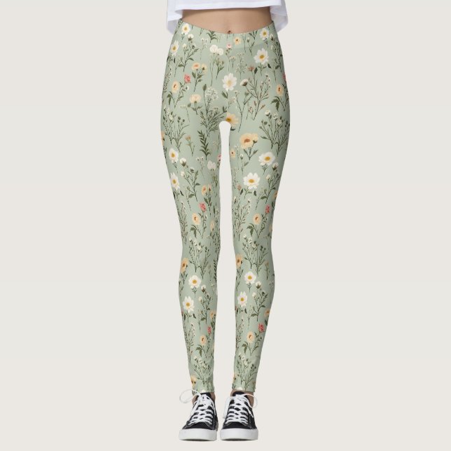 Lovely Meadow Flowers on Green Leggings (Front)