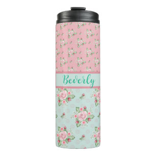 Lovely Mint Green and Pink Floral Patterns Thermal Tumbler