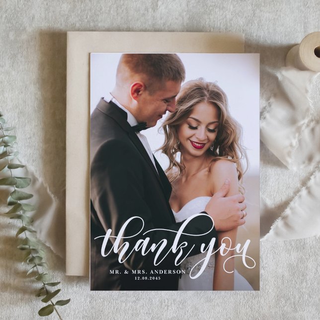 Lovely Modern Calligraphy Wedding Photo Thank You Card (Creator Uploaded)