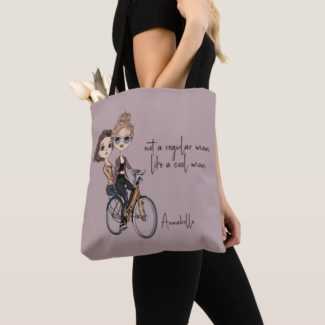 Lovely Mom/Daughter on Bicycle Drawing ‘Cool Mom’  Tote Bag (Close Up)