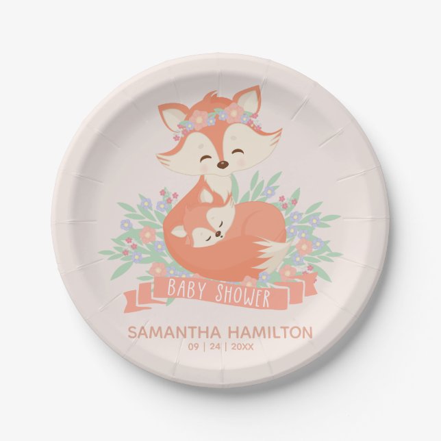 Lovely Mommy and Baby Fox Woodland Baby Shower Paper Plate (Front)
