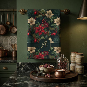 Lovely monogram Christmas chinoiserie floral Kitchen Towel