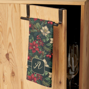 Lovely monogram  Christmas chinoiserie floral Kitchen Towel