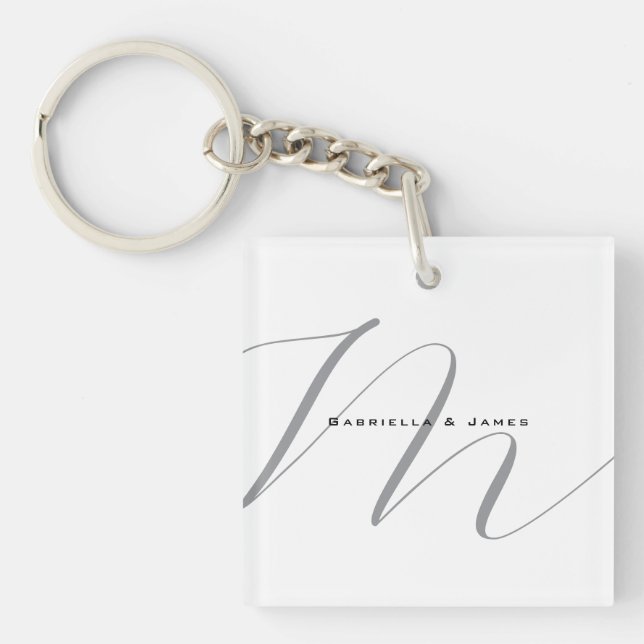 Lovely Monogrammed Black White Grey Calligraphy Keychain (Front)