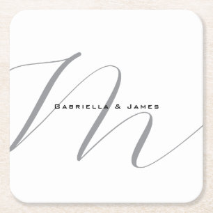 Lovely Monogrammed Black White Grey Calligraphy Square Paper Coaster