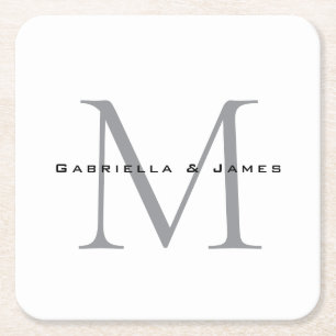 Lovely Monogrammed Black White Grey Calligraphy Square Paper Coaster