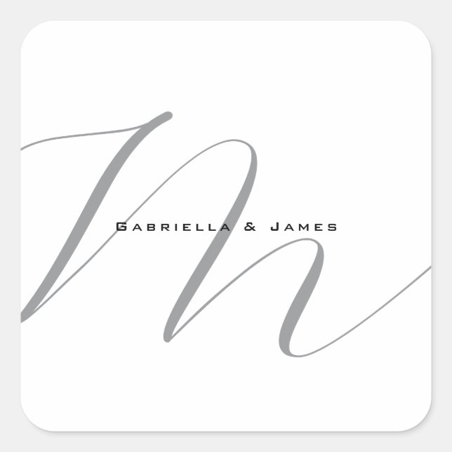 Lovely Monogrammed Black White Grey Calligraphy Square Sticker (Front)