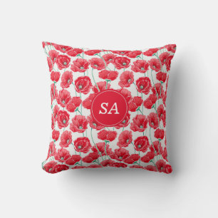 Lovely Monogrammed Red Poppies Floral White  Throw Pillow