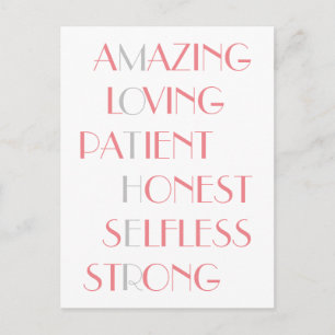 Lovely Mothers Pink Acrostic Poem Typography Gift Postcard