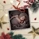 Lovely My First Christmas Newborn Baby Photo Metal Ornament<br><div class="desc">Simple lovely baby first Christmas ornament. Easy to personalize with your details. Please get in touch with me via chat if you have questions about the artwork or need customization. PLEASE NOTE: For assistance on orders,  shipping,  product information,  etc.,  contact Zazzle Customer Care directly https://help.zazzle.com/hc/en-us/articles/221463567-How-Do-I-Contact-Zazzle-Customer-Support-.</div>