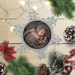 Lovely My First Christmas Newborn Baby Photo Snowflake Pewter Christmas Ornament<br><div class="desc">Simple lovely baby first Christmas ornament. Easy to personalize with your details. Please get in touch with me via chat if you have questions about the artwork or need customization. PLEASE NOTE: For assistance on orders,  shipping,  product information,  etc.,  contact Zazzle Customer Care directly.</div>