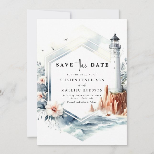 Lovely Nautical Elegance Lighthouse Wedding Save The Date (Front)