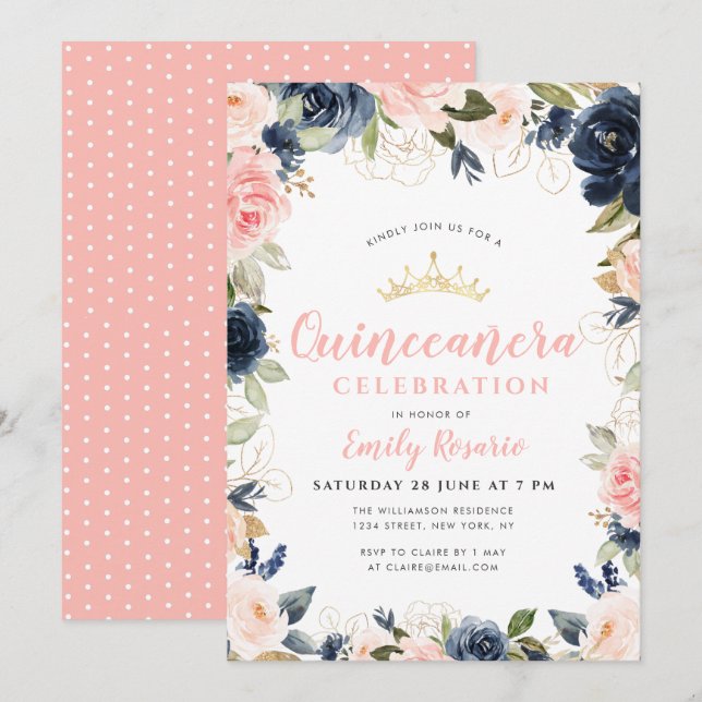 Lovely navy blue & pink blush quinceañera invitation (Front/Back)