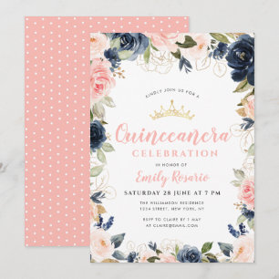 Lovely navy blue & pink blush quinceañera invitation