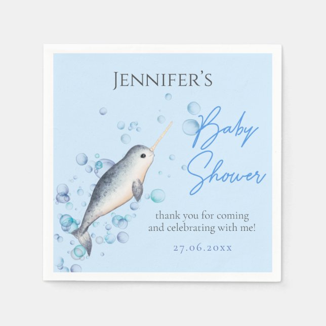 Lovely ocean baby boy Narwhal bubbles Baby Shower Napkin (Front)