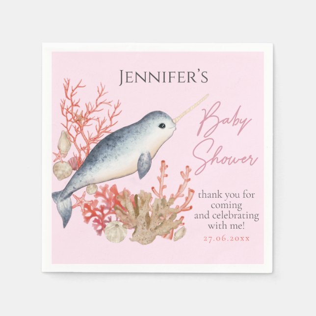 Lovely ocean baby Narwhal seashells Baby Shower Napkin (Front)