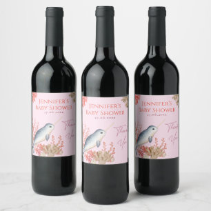 Lovely ocean baby Narwhal & seashells Baby Shower Wine Label