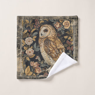 Lovely Owl in the Flowers Garden ,Gold Checkered , Bath Towel Set