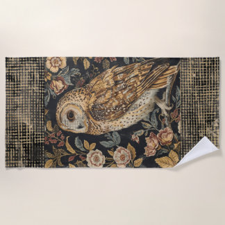 Lovely Owl in the Flowers Garden ,Gold Checkered , Beach Towel