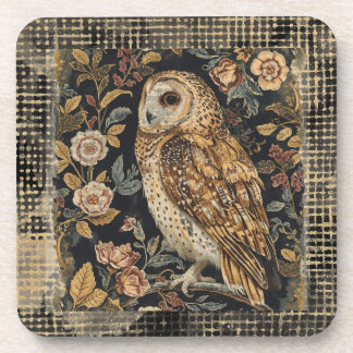 Lovely Owl in the Flowers Garden ,Gold Checkered Coaster