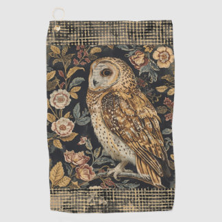 Lovely Owl in the Flowers Garden ,Gold Checkered , Golf Towel