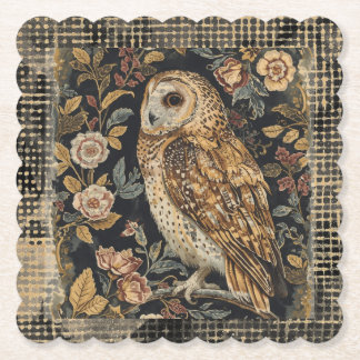 Lovely Owl in the Flowers Garden ,Gold Checkered Paper Coaster