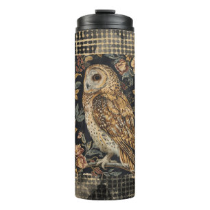 Lovely Owl in the Flowers Garden ,Gold Checkered Thermal Tumbler
