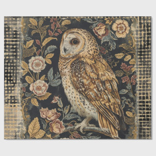Lovely Owl in the Flowers Garden ,Gold Checkered  Wrapping Paper