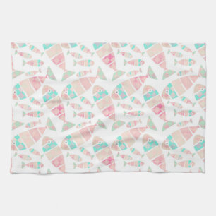 Lovely Pastel Nautical Fish Watercolor Pattern Kitchen Towel
