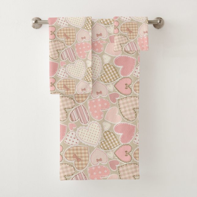 Lovely Patchwork Quilt Pattern Pink Hearts Bows Bath Towel Set (Insitu)