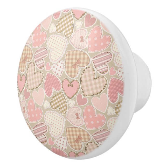 Lovely Patchwork Quilt Pattern Pink Hearts Bows Ceramic Knob (Right)