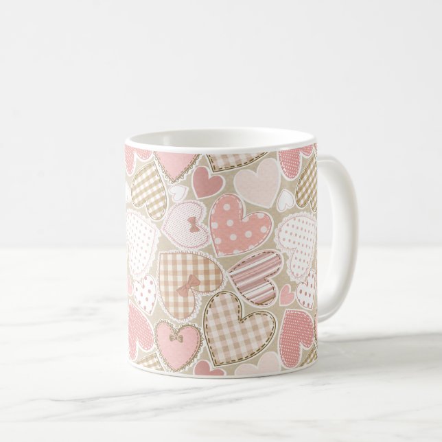 Lovely Patchwork Quilt Pattern Pink Hearts Bows Coffee Mug (Front Right)