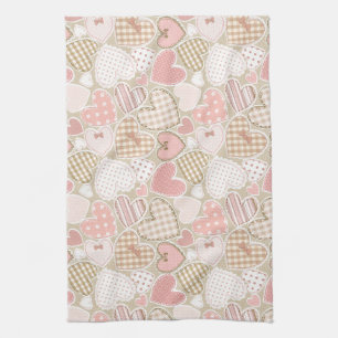 Lovely Patchwork Quilt Pattern Pink Hearts Bows Kitchen Towel