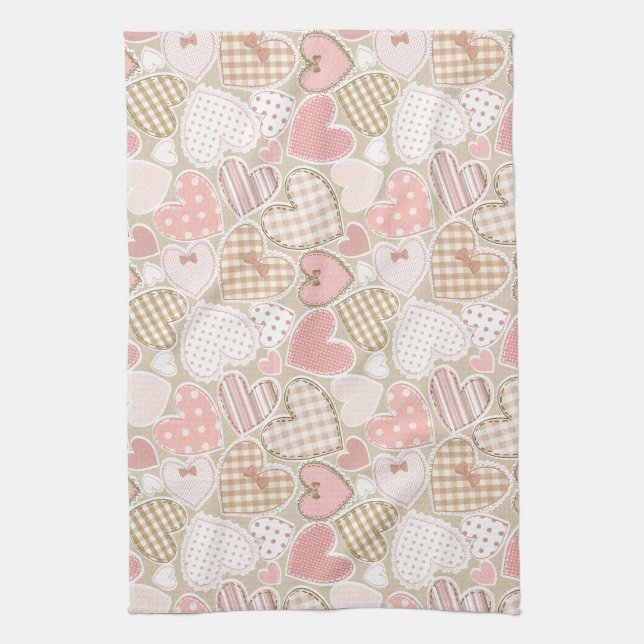 Lovely Patchwork Quilt Pattern Pink Hearts Bows Kitchen Towel (Vertical)