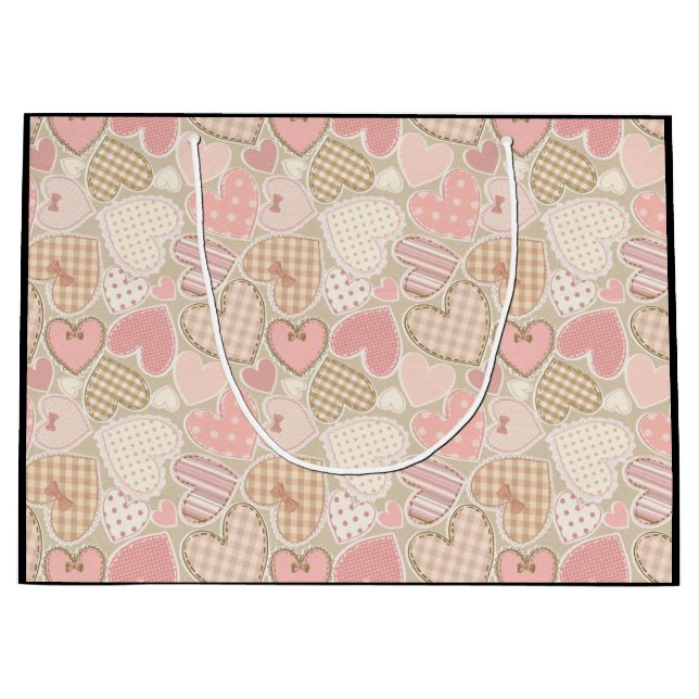 Lovely Patchwork Quilt Pattern Pink Hearts Bows Large Gift Bag (Front)