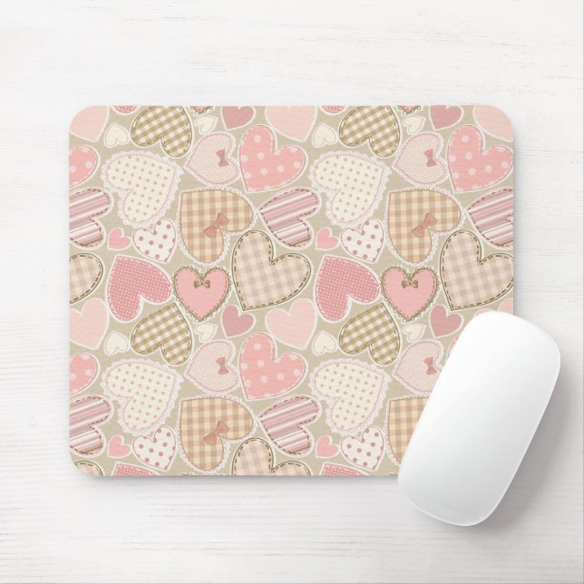 Lovely Patchwork Quilt Pattern Pink Hearts Bows Mouse Pad (With Mouse)