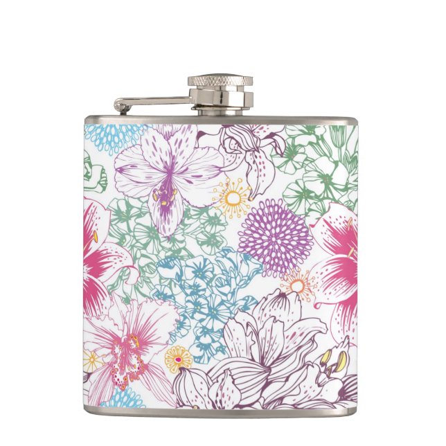 Lovely pattern with colourful flowers hip flask (Front)