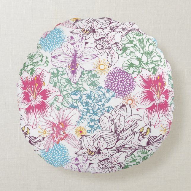 Lovely pattern with colourful flowers round pillow (Front)