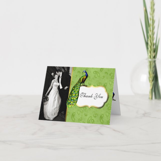 Lovely Peacock Wedding Photo Thank You Card (Front)